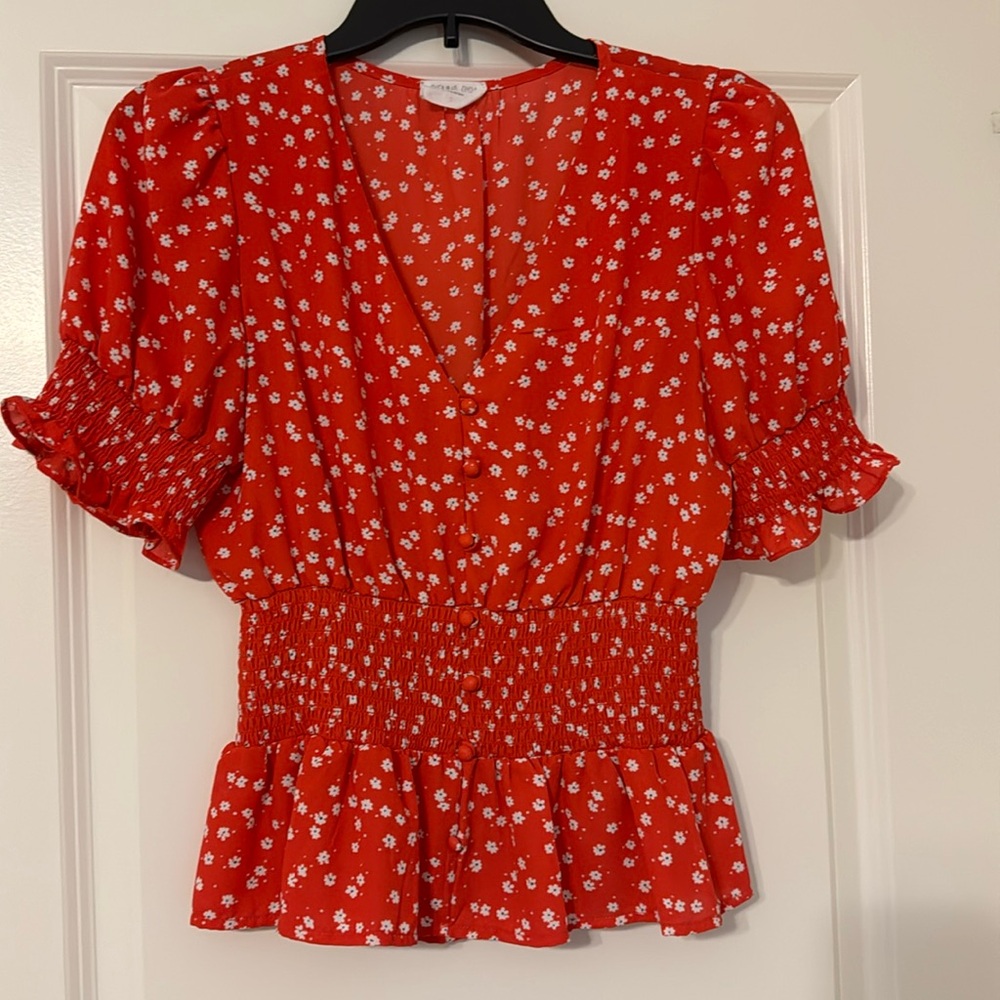 Red floral v-neck short sleeve blouse -Size S